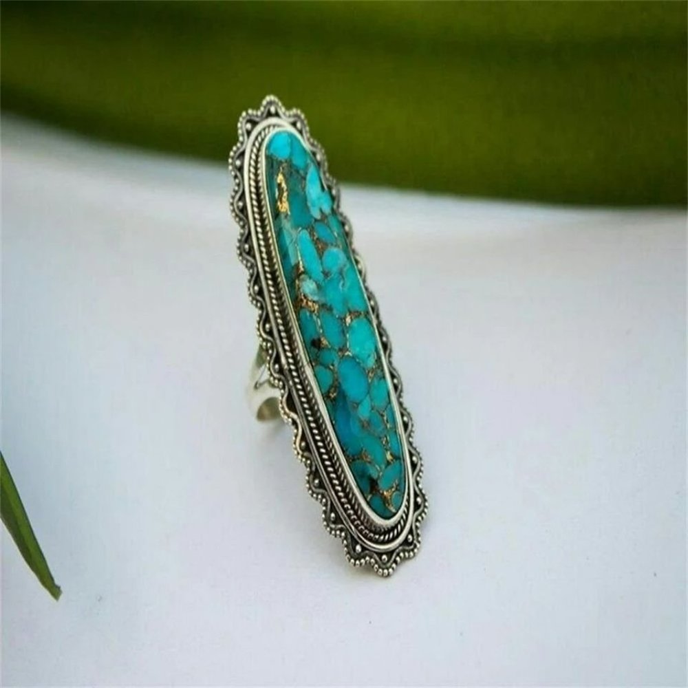 Long Vintage Blue Turquoise Antique Silver Ring - Picture 6 of 9